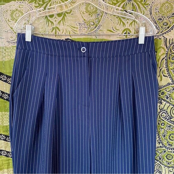 Commense Navy Pinstripe Pleated Wide-Leg Trousers Size Large - Picture 3 of 16